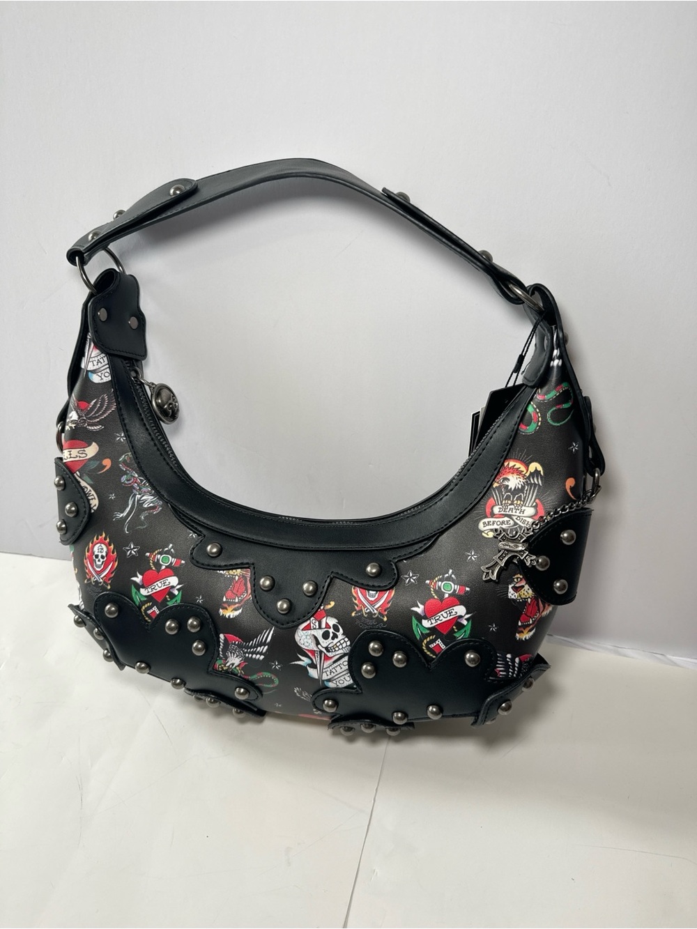 Ed Hardy Black Tattoo Print Studded Hobo Shoulder Bag Skull Heart Y2K Purse